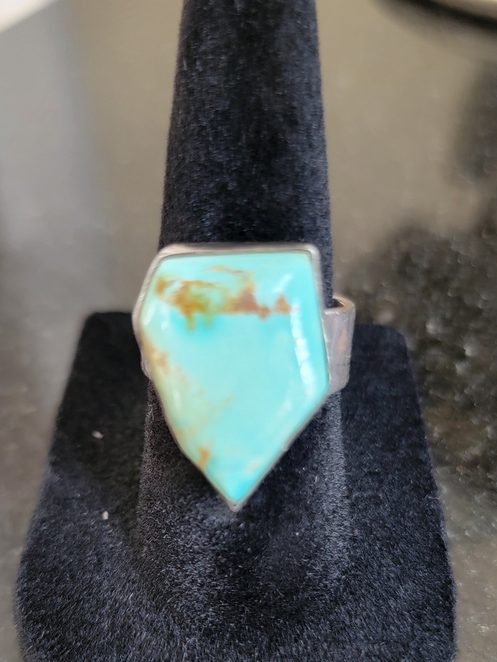 925 Sterling Silver Turquoise Shield Bezel Band Ring - Blue Green Gem Accent 6